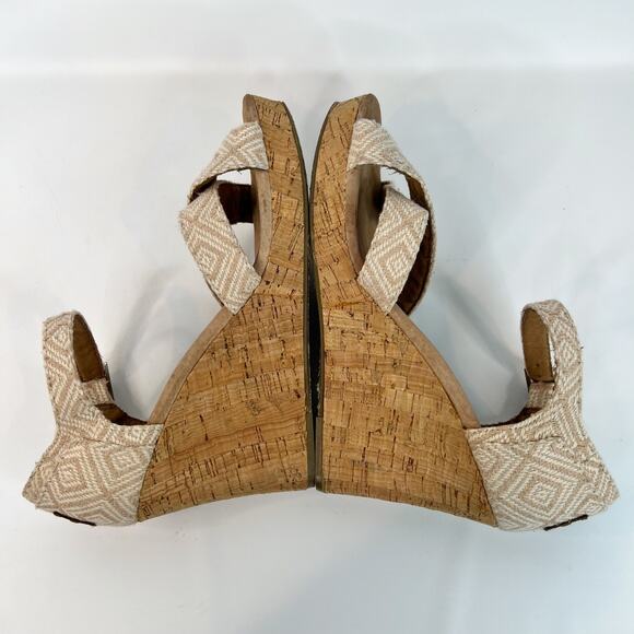 Toms Platform Cork Wedge Sandal Size 9.5 Strappy Canvas Beige Cream Espadrille - Picture 6 of 9